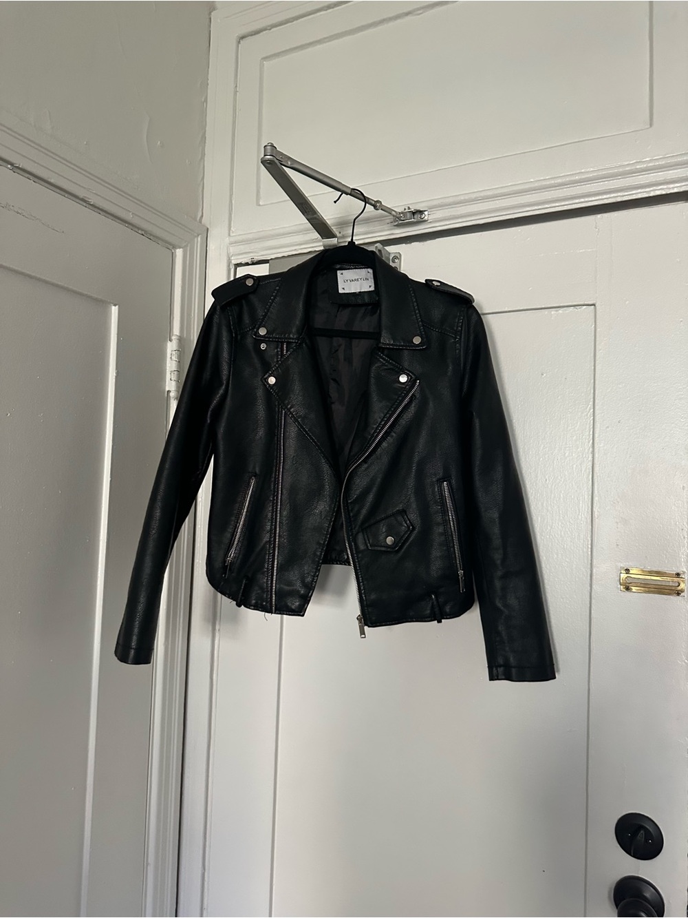 Women's Black Faux Leather Moto Jacket with Epaulets